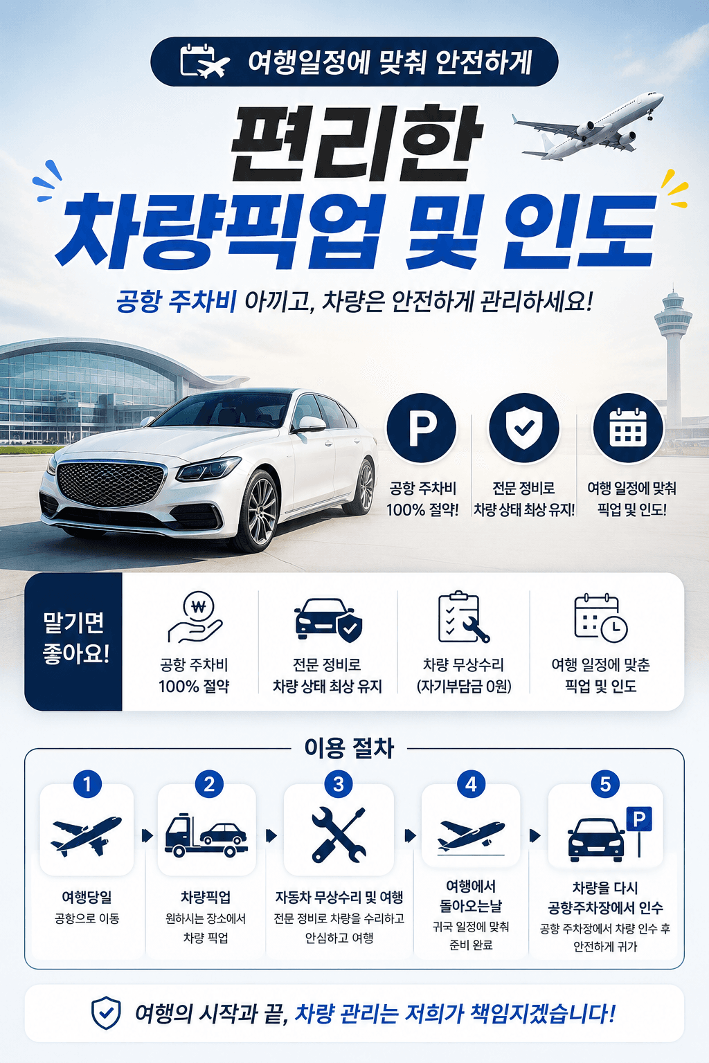 편리한 차량픽업 및 인도. 공항 주차비 아끼고 차량은 안전하게 관리하세요